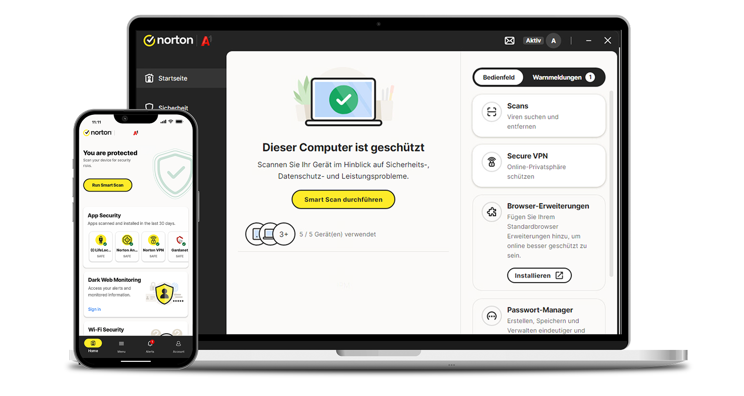A1 and Norton protection shown on phone and laptop