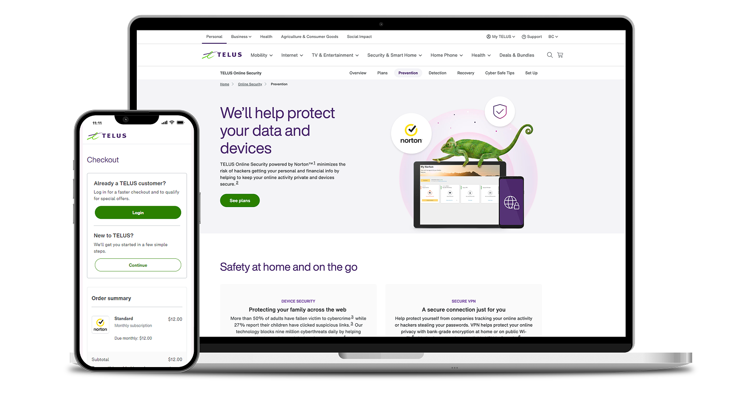 TELUS and Norton Online Security shown on phone and laptop